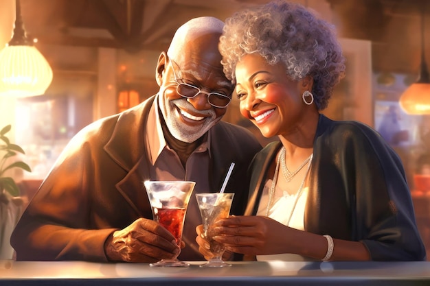 Radiantes de amor e alegria, este encantador casal de idosos de pele escura compartilha sorrisos sinceros num bar aconchegante, criando uma imagem atemporal de felicidade e conexão duradoura.