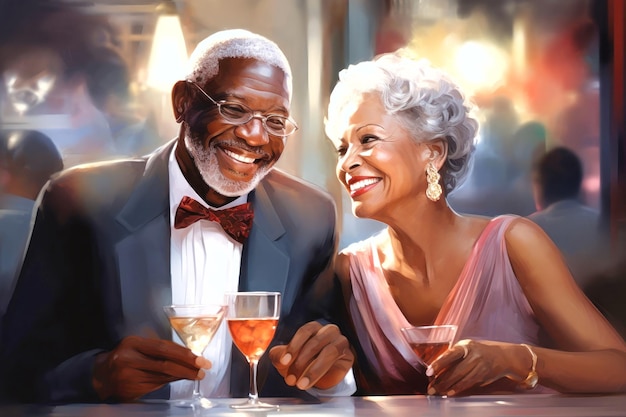 Radiantes de amor e alegria, este encantador casal de idosos de pele escura compartilha sorrisos sinceros num bar aconchegante, criando uma imagem atemporal de felicidade e conexão duradoura.