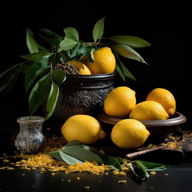 Radiantes naranjas cítricas y hojas de naranja con hermosa IA generativa de luz