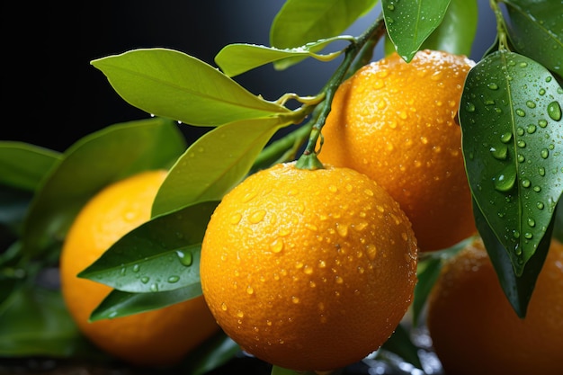 Radiantes naranjas cítricas y hojas de naranja con hermosa IA generativa de luz