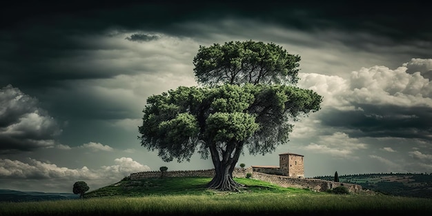 Radicofani Fortaleza Toscana Itália uma grande árvore verde solitária contra um céu nublado