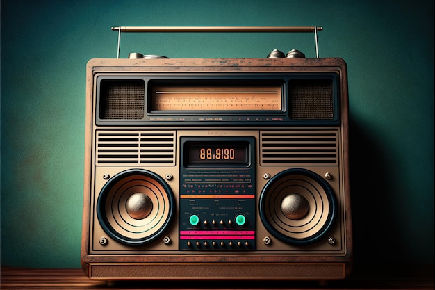 Rádio antigo, anos 80 e 90, cores retrô, plano de fundo. IA generativa