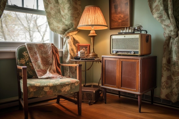 Foto radio antigua en un acogedor rincón de lectura creado con ia generativa