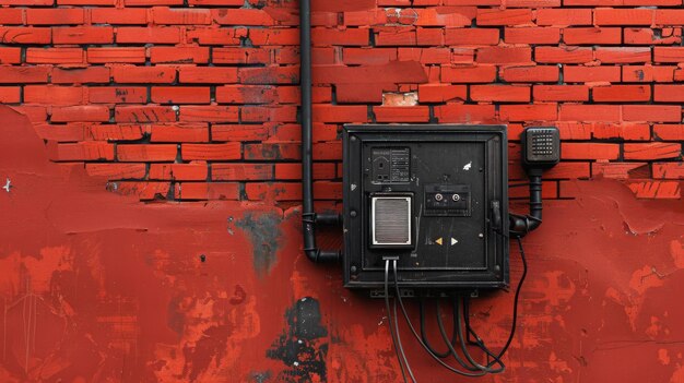 Una radio antigua en blanco y negro colocada en una pared de ladrillo rojo vibrante