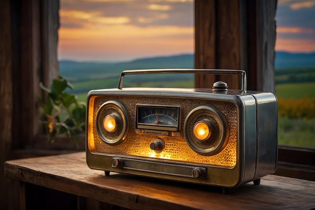 Una radio antigua con un fondo de campo