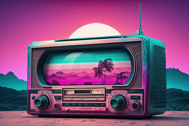 Radio antigua sobre fondo con colores morado y rosa estilo vaporwave AI