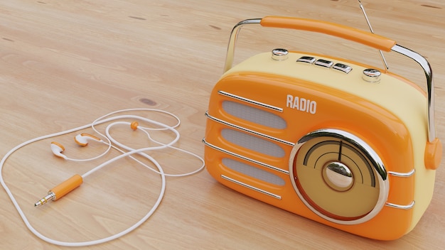 Foto radio clásica amarilla y auriculares sobre tabla de madera