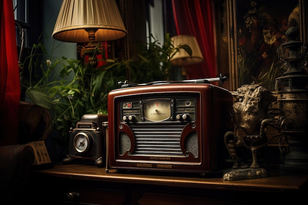 Una radio colocada encima de una mesa de madera.