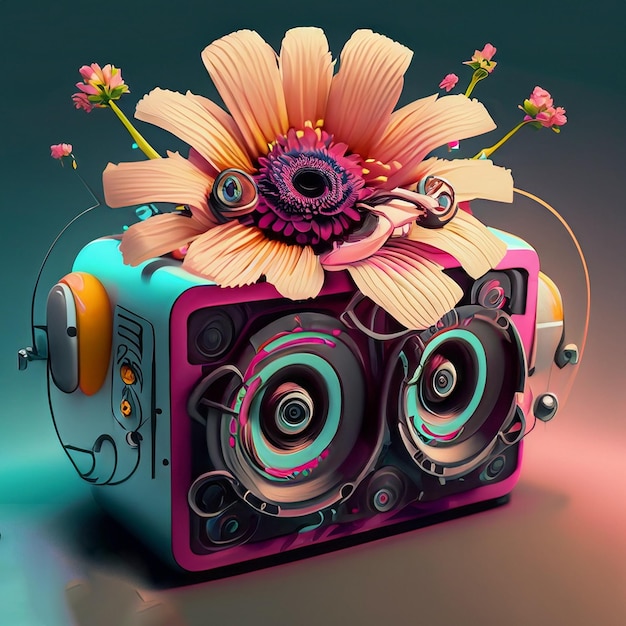 Una radio colorida con flores encima.