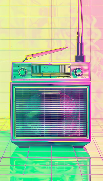 Radio de estilo retro con superposición de colores vibrantes Música y arte conceptual de tecnología vintage