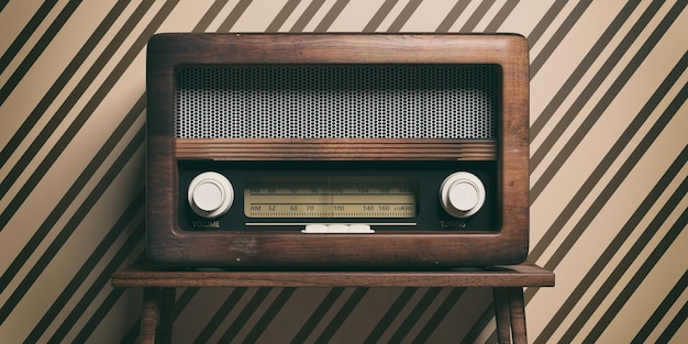 Radio pasada de moda en la ilustración 3d de fondo de pared retro de mesa de madera