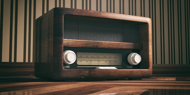 Radio pasada de moda en el piso de madera retro pared fondo 3d ilustración