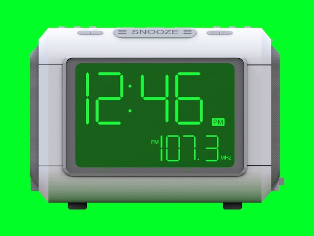 Radio reloj despertador sobre un fondo verde. Representación 3D.