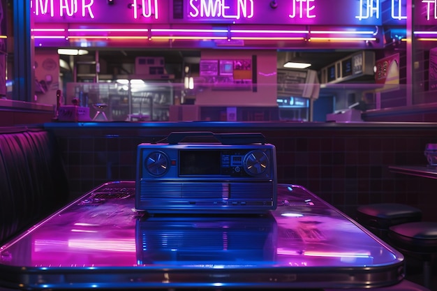 Foto radio retro en la mesa de la cafetería