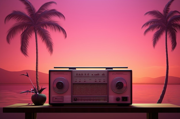 radio en silueta con palmera en un escritorio rosa al estilo de una foto ciberpunk retrofuturista