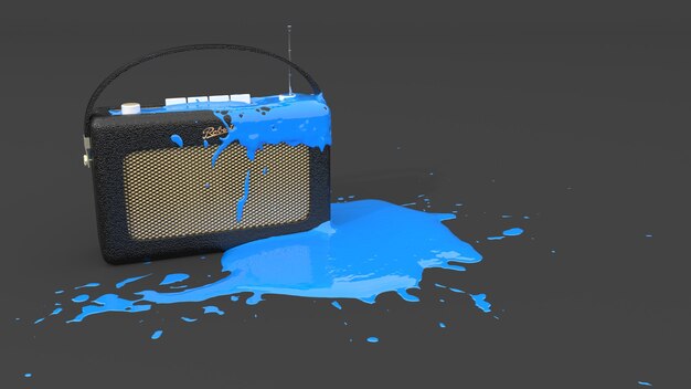 Radio vieja cubierta con pintura azul en forma de mancha, ilustración 3d