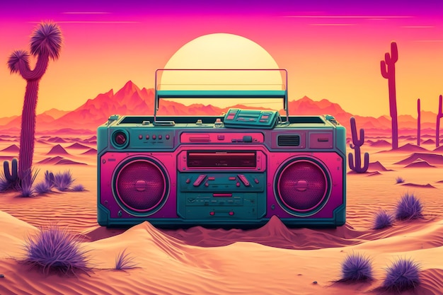 Rádio vintage boombox no deserto retrowave synthwave Rede neural gerada por IA