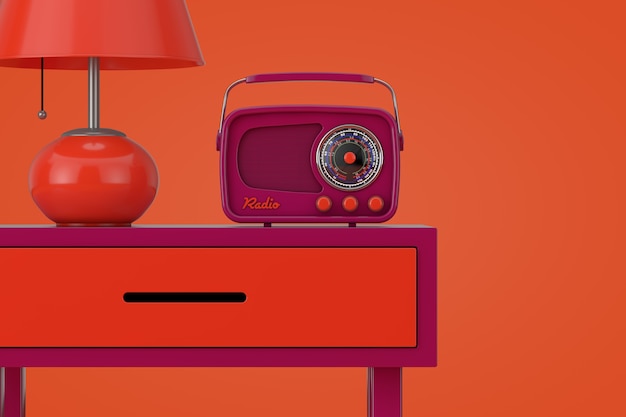 Rádio vintage com abajur retrô sobre uma mesa elegante em um fundo laranja renderização em 3D