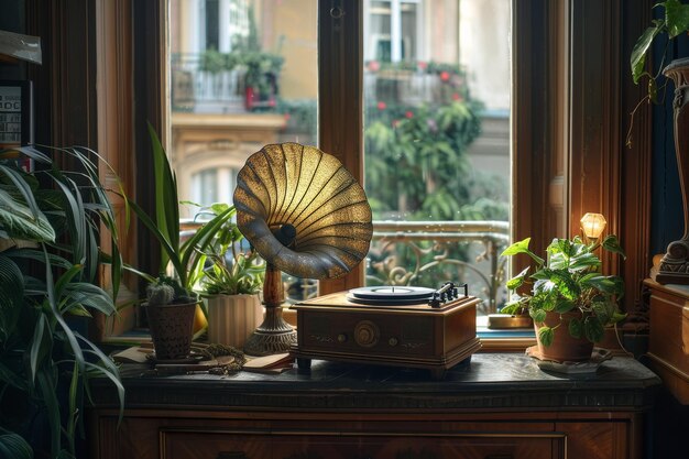 Foto rádio vintage na mesa ao lado da janela