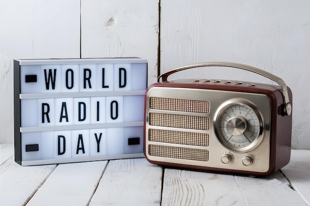 Radio vintage en superficie blanca con el encanto nostálgico de la caja de luz del Día Mundial de la Radio