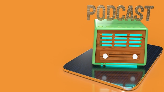 Foto la radio vintage en tableta para podcast o concepto de medios render 3d