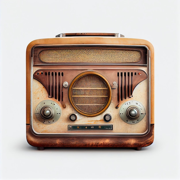 Radio Vintage, vista frontal, fondo blanco.