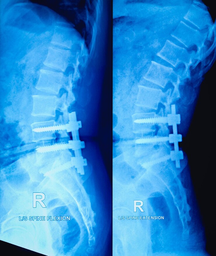 Foto radiografia da flexão e extensão lombosacral da coluna vertebral feminina espondilose lombar