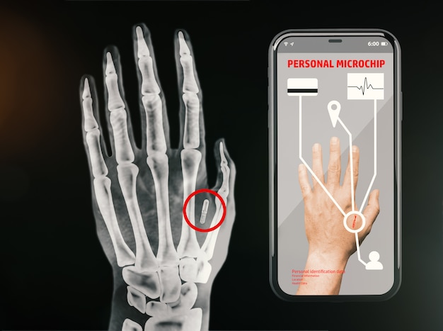 Radiografia de uma mão mostrando o microchip pessoal