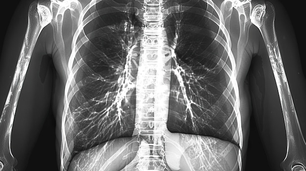 Una radiografía de diagnóstico que muestra enfermedad pulmonar obstructiva con estructuras óseas y ligamentos visibles que ayudan a la evaluación precisa de la función pulmonar y la obstrucción