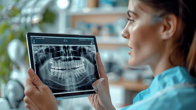 Foto una radiografía de los dientes se muestra en una pantalla de tableta digital por el dentista se utiliza la tecnología de tomografía 3d