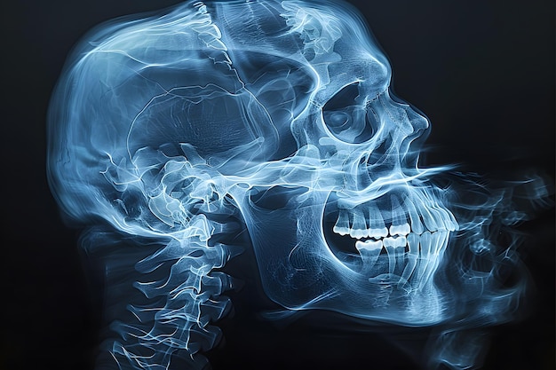 Foto radiografia digital do crânio humano e das vértebras do pescoço destacando a estrutura e a anatomia óssea