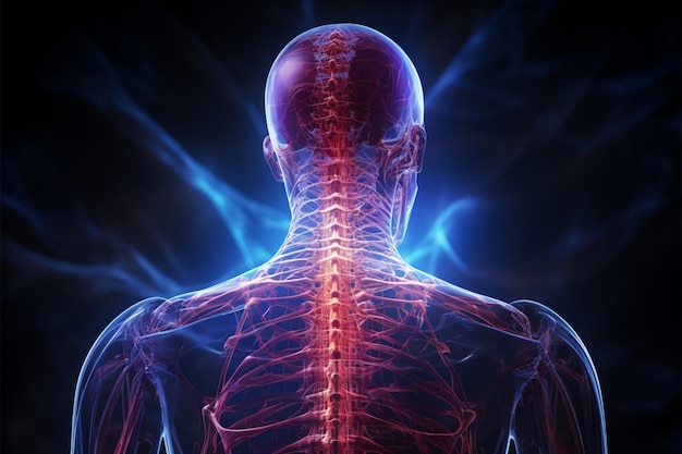 La radiografía de la espalda de un hombre muestra llamativos colores rojo y azul
