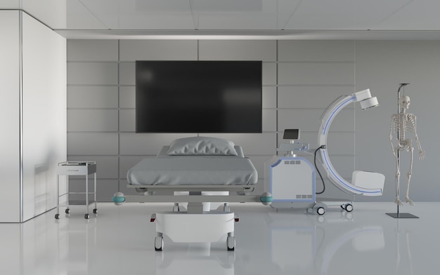 Foto radiologie-raum mit tv-bildschirm 3d-illustrationen rendering