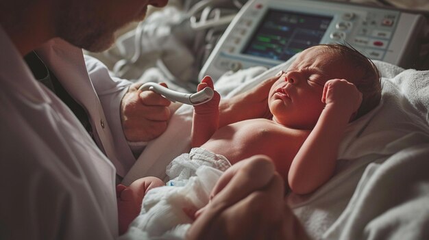 Foto radiologista fazendo ultrassom de um recém-nascido