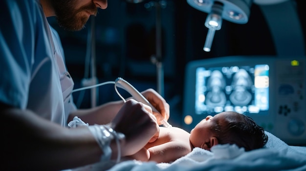 Foto radiologista fazendo ultrassom de um recém-nascido