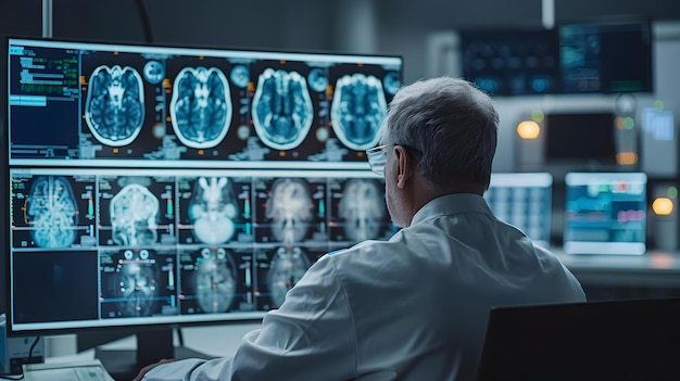 Radiólogo analizando el escáner corporal en un monitor de alta resolución en el departamento de medicina nuclear utilizando tecnología de IA Concepto de imágenes médicas Tecnología de radiología Medicina nuclear