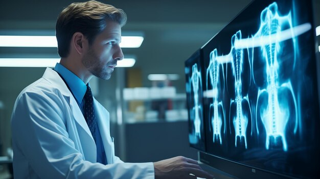 El radiólogo examina cuidadosamente los escáneres del paciente con énfasis en los detalles