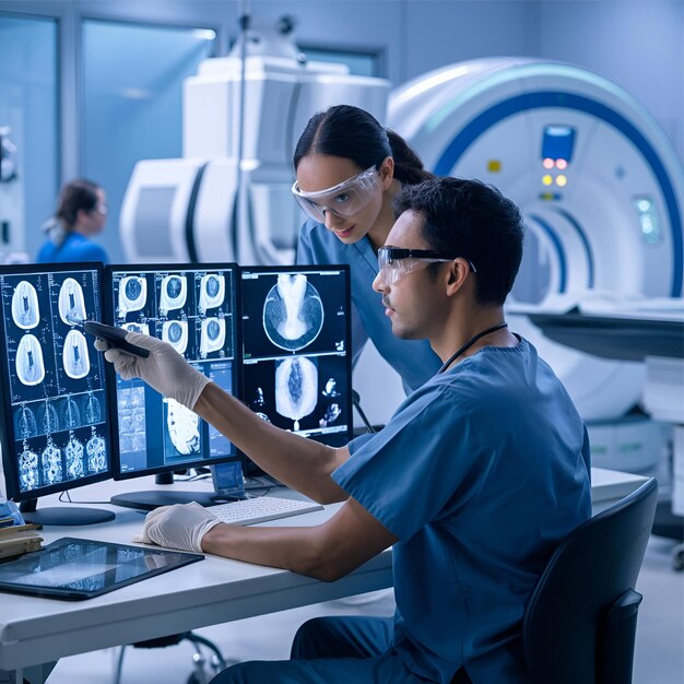Un radiólogo meticuloso analiza las tomografías en un laboratorio prístino rodeado de maquinaria avanzada.