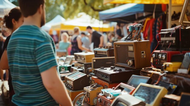 Foto radios y televisores antiguos exhibidos en una mesa en un evento de ingeniería