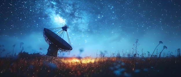 Radiotelescópio de Busca Cósmica Escaneia o Céu Estrelado Conceito Exploração do Espaço Profundo Astronomia Descobertas Estelares Observações Fenômenos Galácticos