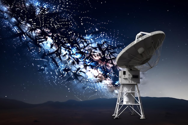 Foto radiotelescópio para pesquisa cósmica e noite estrelada em fundo generativo ai