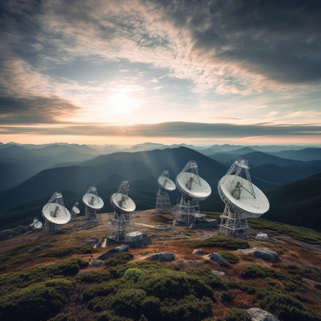 Radioteleskop-Array auf einem abgelegenen Berggipfel. Generative KI