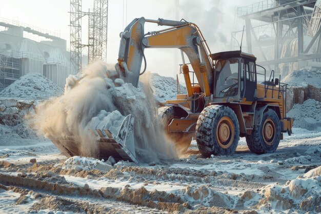 Radlader Bagger mit Bagger für das Entladen von Sand bei Bodenbewegungsarbeiten in einem Steinbruch auf dem Baustell