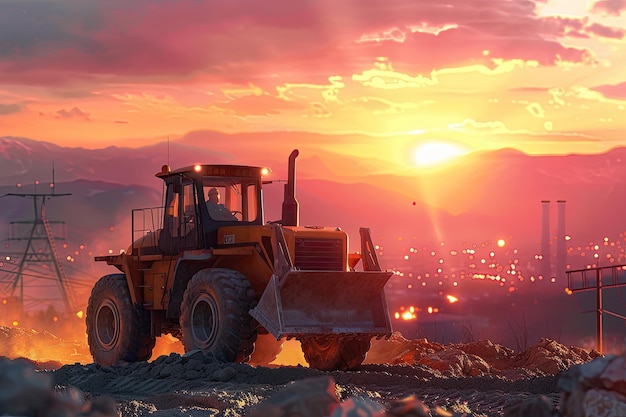 Radlader graben den Boden auf der Baustelle im Hintergrund des Sonnenuntergangs