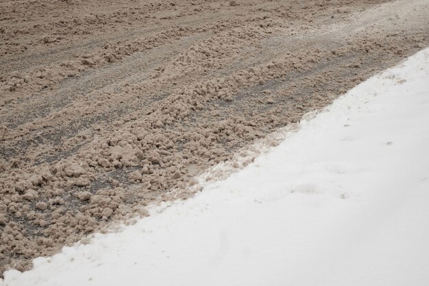 Radspuren auf Schlamm. Schnee auf schmutzigem Boden mit Autospuren. Schmutziger schmelzender Schnee auf der Straße.