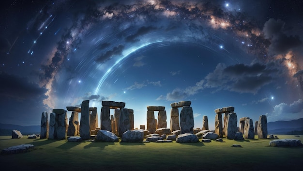 Rätselhafter Stonehenge-Kreis unter Sternenhimmel Generative KI