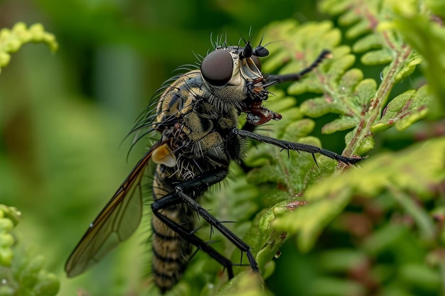 Räuberfliege auf Farnen