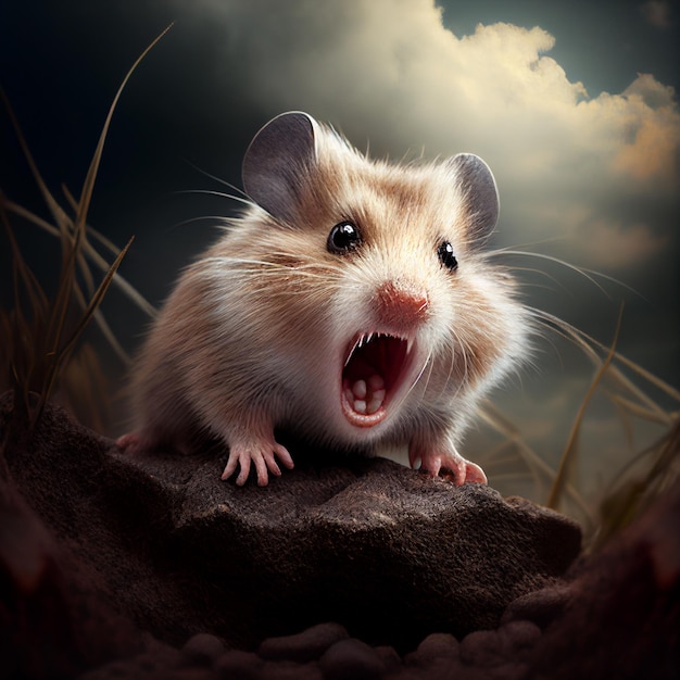 Räuberischer fantastischer Hamster entblößte seine großen Zahnzähne auf Stein gegen stürmischen Himmel, Fantasy-Horror