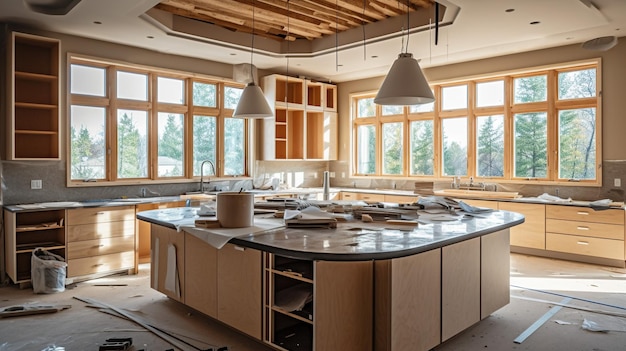 Räume verändern, Bau und Design einer modernen Küche in einem neuen Zuhause, generative KI