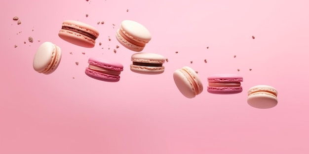 raffes de macarons cayendo en el aire sobre un fondo rosa ai generativo